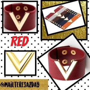 NEW BURGUNDY RED Leather/Metal 'V' Wristband Cuff